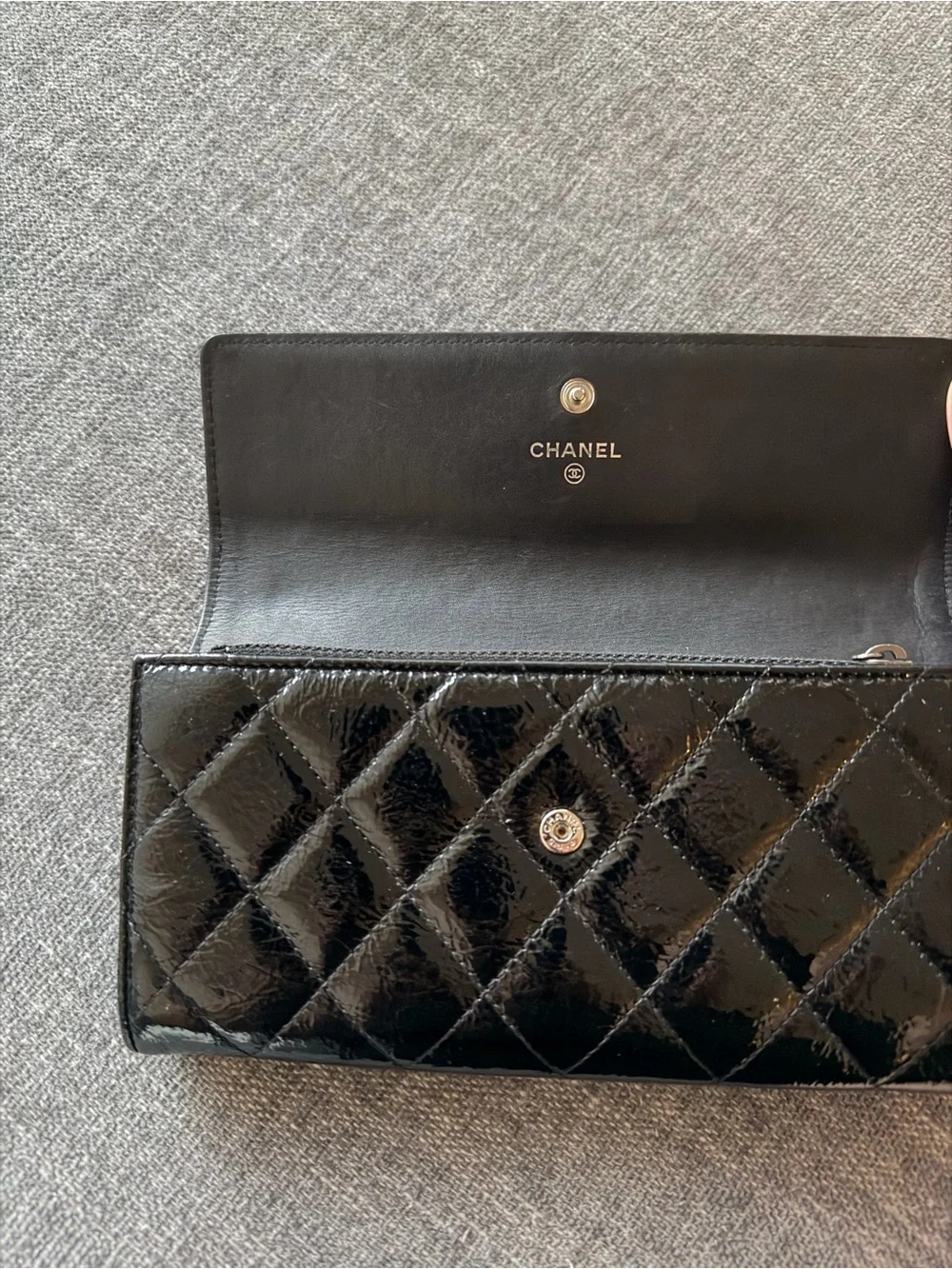 CHANEL Black Quilted Patent Leather Wallet with Silver CC Hardware